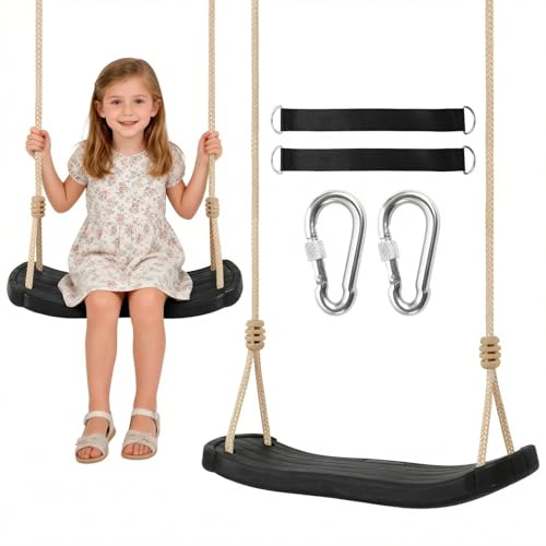 Hryniiex Kinderschaukel Outdoor | Schaukelsitz für Kinder ab 3 J. & Erwachsene bis 120kg | Brettschaukel wetterfest PE-Kunststoff höhenverstellbar 140-180cm mit Baumgurte und Karabiner Schwarz