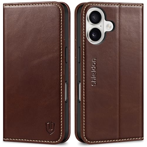 SHIELDON Case for iPhone 16 5G, Genuine Leather Foldable Wallet Magnetic Cover Kickstand RFID Blocking Credit Card Holder Shockproof Phone Case Compatible with iPhone 16 6.1' 2024 - Retro Coffee