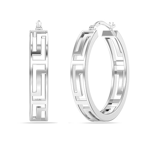LeCalla 925 Sterling Silver Greek Key Hoop Earrings Lightweight Click-Top Greek Wall Cut-Out Pattern Earring Hoops for Women