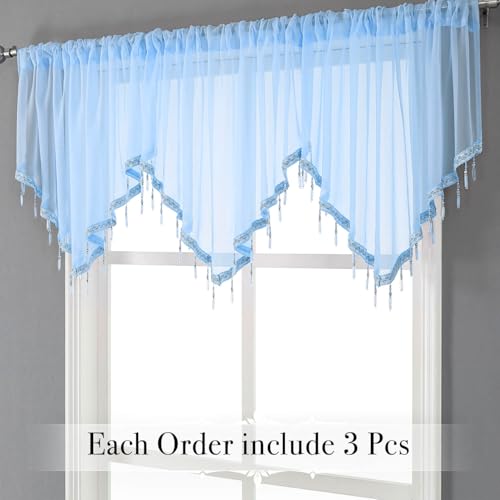 Wubodti Beaded Sheer Valance Curtains 3 Pieces With Rod Pocket thumb #1
