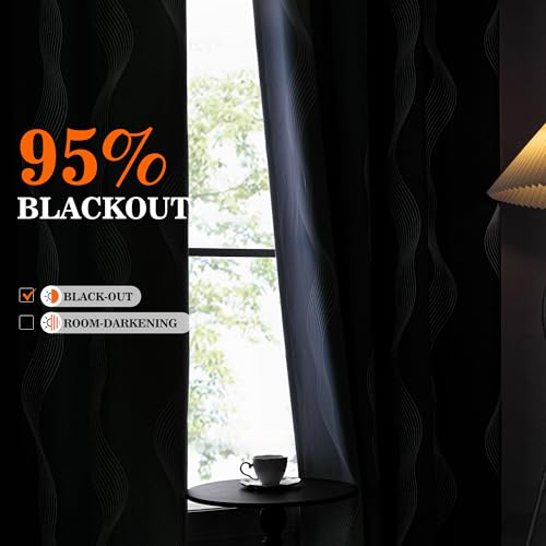Image of MYSKY HOME Green and Greyish White Blackout Patterned Curtains 72 inch Long 2 Panels for Bedroom Ombre Geometric Thermal Insulated Wave Line Foil Print Grommet Window Curtains, 52 inch W Each Panel