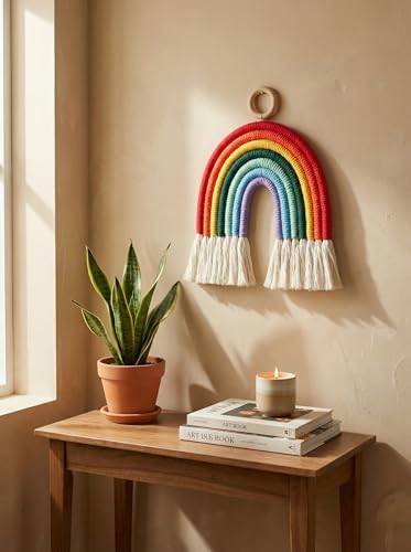 Image of JH Gallery Rainbow Wall Hanging Macrame Decor - Handmade Cotton Rope Colorful Boho Wall Art for Nursery, Bedroom, Baby Room & Home Styling
