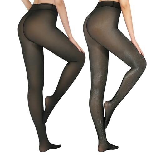 Image of X-CHENG 2 Pairs Fleece Lined Tights Thermal for Women-High Waisted Opaque Black Leggings Thick Warm Winter Tights