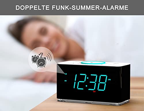 Wekkerradio met 15 Watt ultrasnel draadloos opladen, Bluetooth, USB-poort, dubbel alarm, slaaptimer, snooze, dimmer, FM-radio, cyaan LED-nachtlampje en 1,4-inch display iTOMA CKS207 - Image 5