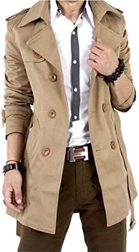 GESELLIE Men's Slim Double Breasted Trench Coat Belted Long Jacket Overcoat Outwear Khaki