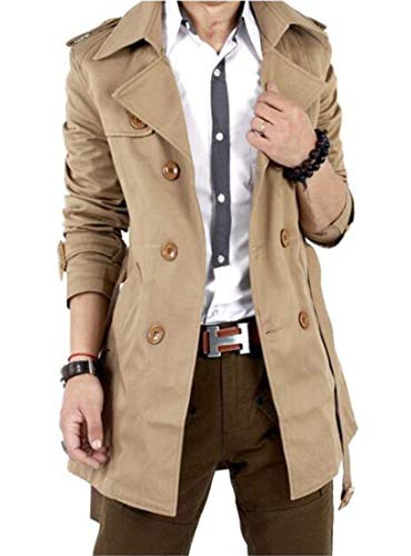 Gesellie Men's Slim Double Breasted Trench Coat Belted Long Jacket Overcoat Outwear Khaki #TOP15