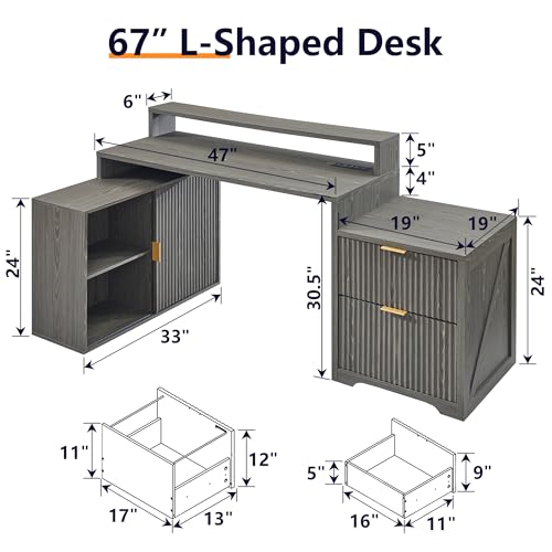 Image of 67 inchModern Desk with Cabinet & 2 Drawers, Fluted Office Desk Built‑in Outlet | L Shaped Desk ,storage cabinet with sliding doors, Wood Home Office Desk, Fluted Computer Writing Desk, Grayish Green
