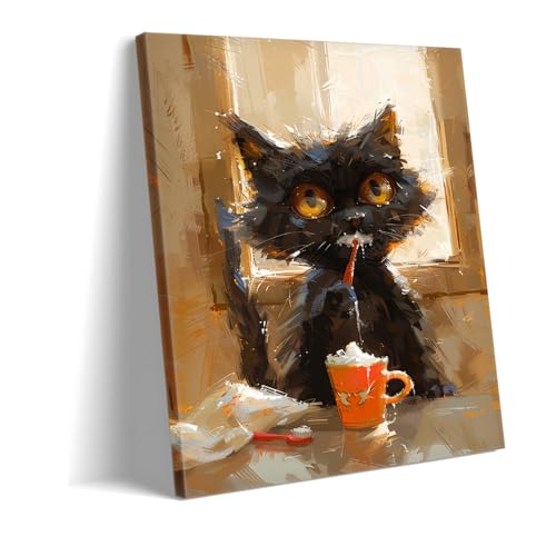 Chaton noir espiègle tableau déco de cuisine et salon style café bistrot 60x90cm