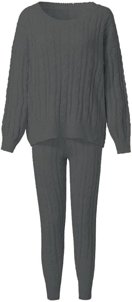 Lucuna Women's 2025 Fall Sweater Set 2 Piece Outfits Cable Knit Chunky Crew Neck Pullover Top Pants Loungewear - Image 4