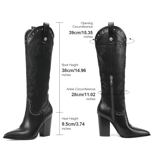 Image of VOMIRA Knee High Cowboy Boots for Women Pointed Toe Chunky High Heels Pull-on Embroidered Boots Western Boots Wide Calf Cowgirl Boots