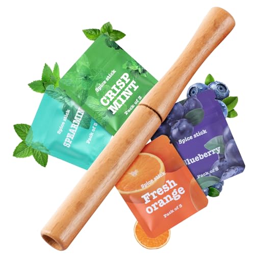 Boderi Wooden Quit Smoking Inhaler with 4 Packs Flavored Cores Mint Spearmint Orange Blueberry Cotton Cores, Refreshing Support Smokeless Inhaler, Break Up Bad Habits