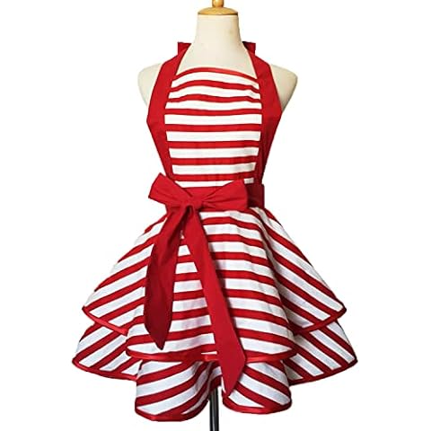 Violet Mist Cute Retro Aprons for Women Ladies Sexy Vintage Aprons Red Striped frilly Apron Cooking Kitchen 50s Vintage Apron for Housewife Waitress Mother’s Gift Cover
