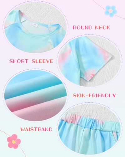 Image of DISAUR Girls Summer Outfits 2 Piece Matching Sets Tie Dye T Shirt and Shorts Set with Pockets for Girls 4-10 Years