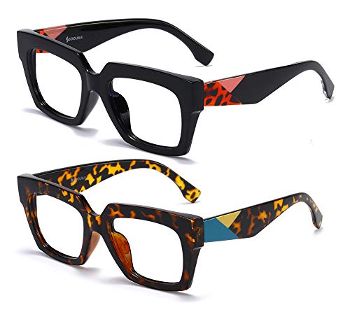 SOOLALA Anti-Blue Blocker Light Square Reading Glasses w/Leopard Arms, BkLeo +2.25