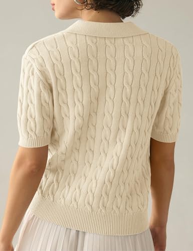 Image of BeautyNee Women's Short Sleeve Sweaters Tops Solid Lapel V Neck Cable Knit Polo Sweater Casual Soft Collared Pullover