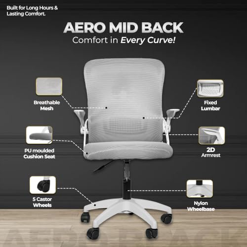 Image of HAVAI Aero Ergonomic Office Chair with Reclining & Folding Back | Net Cloth Fabric | 60D Recycled Foam + 24D Virgin Cotton | Class 2 Gas Lift | Nylon Base & Wheels (Grey)