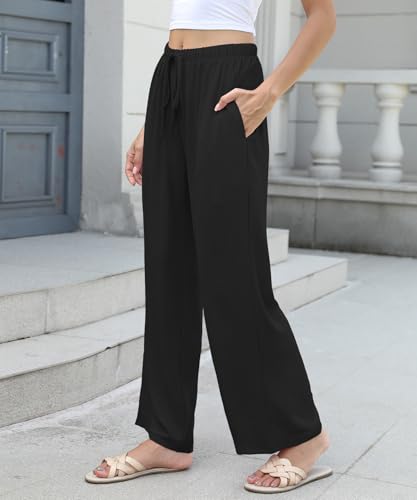 Women High Waist Casual Pants Elastic Wide Leg Summer Beach Palazzo Trousers with Pockets Lightweight Comfy3