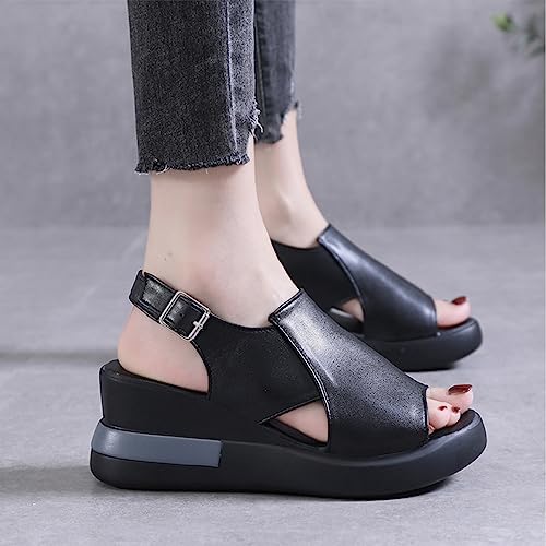 DekiI Orthopedic Sandals Wedge Sandals for Women Summer Casual Thick Soled Lace up Sandals Peep Toe Wedge Sandal with Adjustable Strap Orthopedic Sandals (Color : Black, Size : 8 US)3