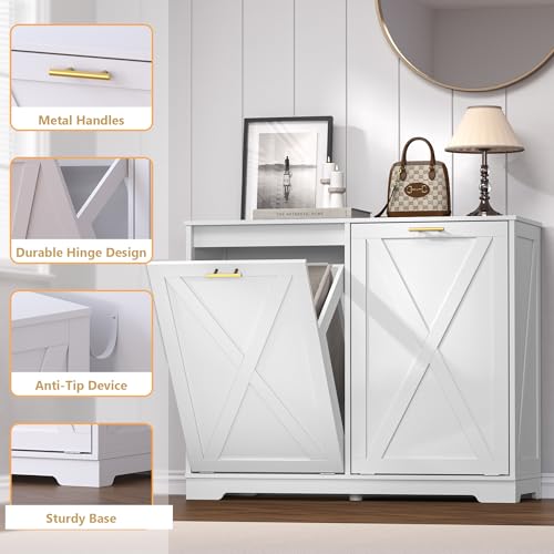 Image of BORNOON Tilt Out Trash Can Cabinet for 2 Bins, Hidden Recycle Garbage Bin Enclosure, Wooden Double Laundry Cabinet with Odor Control, Negative Ion & Ozone, for Kitchen, Bathroom, Laundry Room