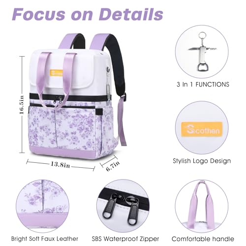 Image of Scothen Backpack Cooler with Double Decker & 12 Ice Packs- Keeps 36 Cans Cold for Up to 24 Hours- Waterproof & Leak Proof Insulated Cooler Backpack- Stylish Cooler Bookbag for Women Travel Work Beach