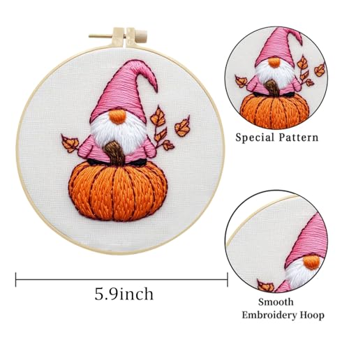 Image of LB Pink Fall Embroidery Kit for Beginners Adults, 3 Sets Hand Embroidery Starter Kit with Gnome Pattern and Instructions Stamped Cross Stitch Kits Include Embroidery Hoop Needles Threads Scissors