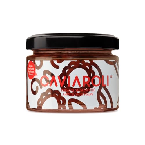 Perle di Salsa Chipotle Gourmet per condire o decorare, 50g. Le sfere di peperoncino Chipotle nel loro interno liquido scoppiano in bocca quando le mordi. Sapore speziato con leggero tocco affumicato.