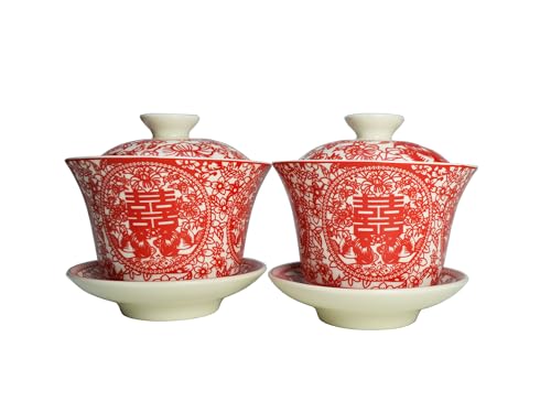 Image of Liang baobao Chinese Wedding Tea Gift Set Gaiwan Bowl Spoon Porcelain Tableware Double Happiness for Men Women Couple Wedding Party (6 /Set Paper-cut double happiness)