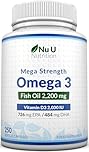 Nu U Nutrition - Omega 3 2200mg & Vitamin D3 2000IU - 250 Softgel Capsules - 726mg EPA & 484mg DHA per Serving - Alternative to Cod Liver Oil Capsules - High Strength, Wild Caught - Made in the UK