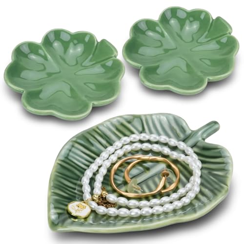 DIYJEP 3 piezas de cerámica con diseño de hojas, bandeja decorativa para joyas, soporte pequeño para anillos, aretes, joyas, collares, llaves, regalos para mujeres, mamá, cumpleaños, Navidad (verde)