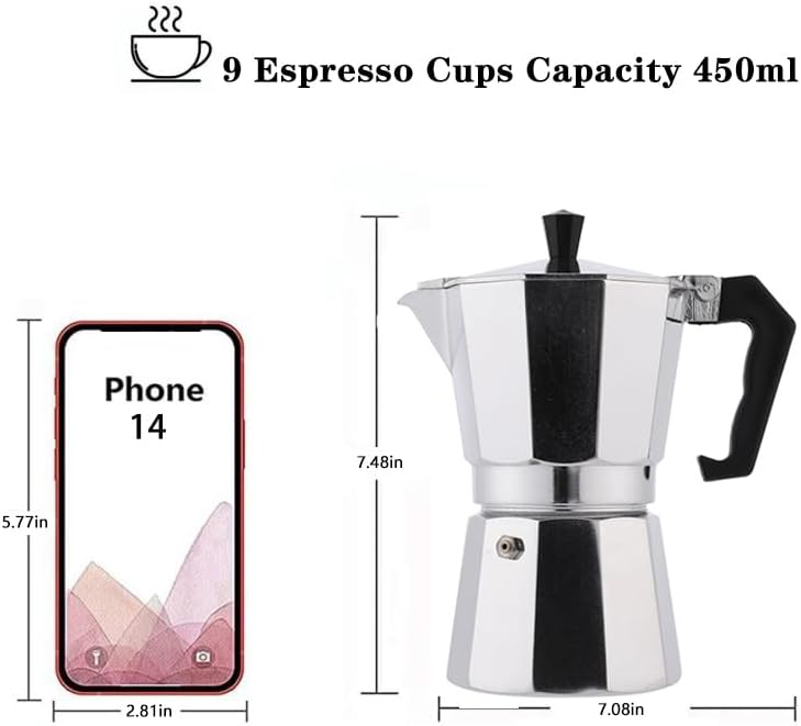 Miniatura 2 de Cafetera clásica para café expreso y café, olla Moka para café italiano y cubano, compatible con estufas eléctricas y de gas, 9 tazas de espresso de