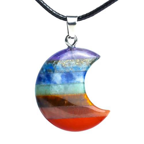 Crystal Necklaces for Women, 7 Chakra Crystals and Healing Stones Moon Necklace, Natural Stone Pendant Necklace, Healing Crystals Reiki Spiritual Gemstone Protection Necklaces Jewelry Gifts for Women