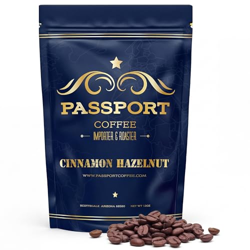 Passport Coffee Cinnamon Hazelnut – Medium roast blend from Colombia & Central America. Sweet & nutty flavored with rich aroma. Premium whole bean coffee, 12oz Bag