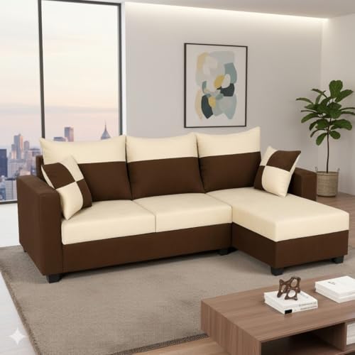 Image of Furny Arevva 4 Seater Fabric RHS L Shape Sofa Set (Cream-Dark Brown)