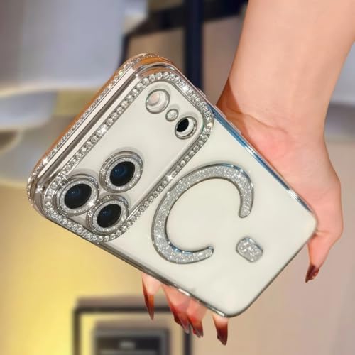 Image of for iPhone 17 Pro Max Magnetic Glitter Case,Luxury Bling Rhinestone Diamond Plated Bumper Case Sparkle Camera Lens Protection Clear Cover for iPhone 17 Pro Max (Silver)
