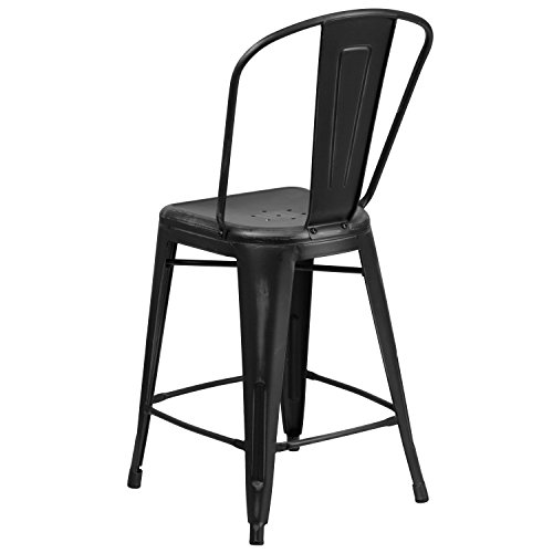 Flash Furniture Commercial Grade 24" High Distressed Black Metal Indoor-Outdoor Counter Height Stool With Back #TOP4