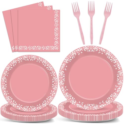 Image of 96 Pcs Pink Cielito Party Theme Lindo Decorations Mexican Disposable Plates Mexicanos Baby Shower Decorations Pink Mexican Dinnerware for Baby Shower Wedding Birthday Party Supplies Serves 24 Guests