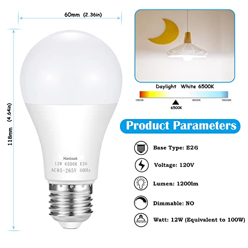 Hanbaak 100W Equivalent Light Bulb, 12W E26 E27 Led Bulbs Medium Screw Base, Non-Dimmable, Daylight White 6500K 4-Pack #TOP1