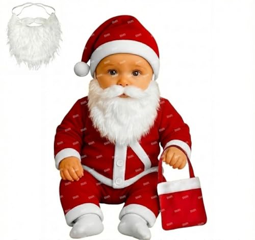Image of Santa Claus Dress For Baby Boy Girl 0-6 Months 5Pc Set with Beard Shirt Pant Hat Goodie Bag Warm Fleece Infant Christmas Fancy Dress Costume Newborn Xmas Gift Red Outfit Suit Prop