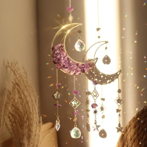 Amethyst Moon Sun Catcher - Hanging Prism Rainbow Maker, Suncatchers for Windows, Indoor Outdoor Window Decor for Home, Garden, Plant Corner (Purple)