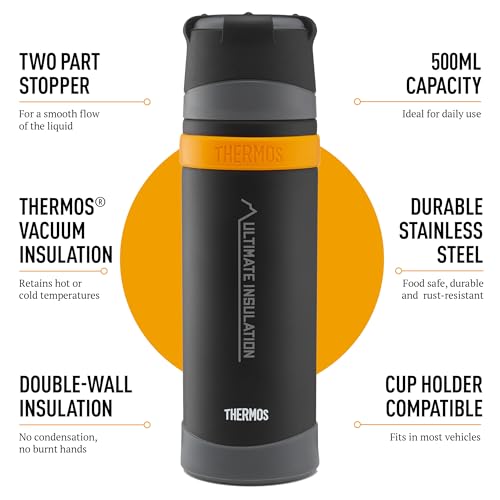 Thermos - Matt Black Ultimate Flask (500ml), Reusable Insulated Stainless Steel Thermal Coffee Cup for Hot or Cold Drinks, Vacuum Sealed Water Flask with a Leak-Proof Lid, 24hr Hot/24hr Cold - 2