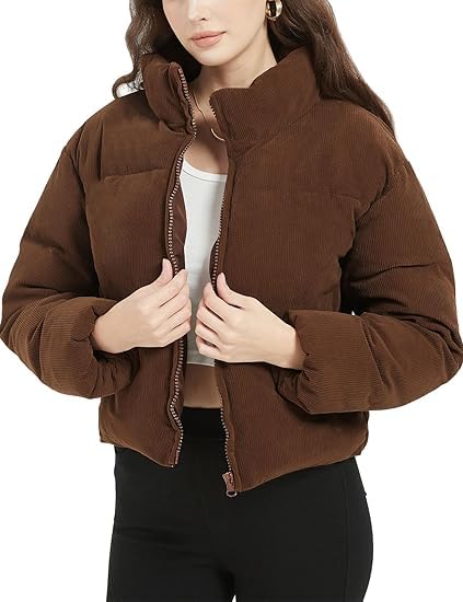 areal fashion Women's Corduroy Puffer Jacket, Cropped Zip-Up Winter Coat, Casual Outerwear-picture-31