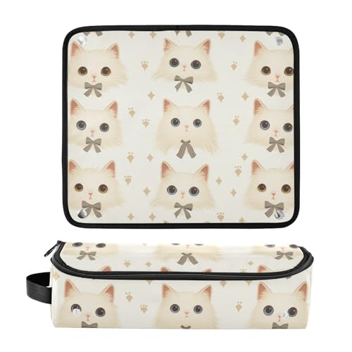 Bolsa de viaje para herramientas de cabello con diseño de caras de gatos blancos, incluye base resistente al calor para planchas y rizadores, organizador portátil miniatura 3
