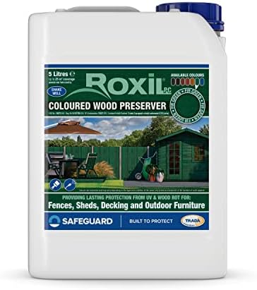 Roxil Wood Stain Preserver 5 Litre (Fir Green) Fast-Drying Satin Finish for Decking, Fence, Shed, Furniture. 5 Year Waterproofing Protection for Indoor & Outdoor