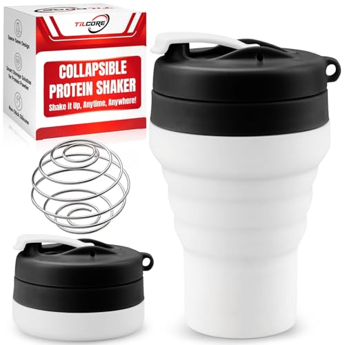Tilcoreの折りたたみ可能なプロテインシェーカー - リーク防止、安全な食品グレードシリコン製、BPAフリーのカップ、ホット＆コールドドリンク用
