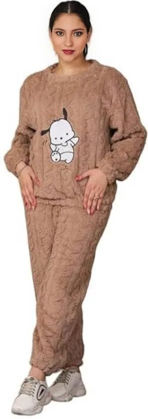 Image of Women's Fur Long Sleeve Nightsuit | Regular Fit Warm Top and Pyjama Set | Winter Wear Sweatpant Set for Women