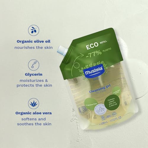 Miniatura 3 de Mustela Eco Recarga Gel Limpiador Bio Vegano, Aceite De Oliva, Aloe Vera Y Glicerina, Cuerpo Y Cabello, Bebé, Toda La Familia - Limpieza Suave, 99 Ingredientes De Origen Natural 400ml