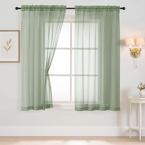 Ebesto Sage Green Sheer Curtains 63 Inch Length 2 Panels Voile Sheer Curtain for Living Room Breathable Light Filtering Window Treatments Soft Fabric Dual Rod Pocket Drapes 2x42Wx63L Inches