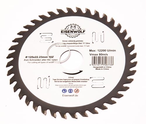 Eisenwolf 125x22,23 mm vollständig gehärtetes und gespanntes langlebiges und strapazierfähiges Sägeblatt, Kreissägeblatt für Holz mit 40 gekippten TCT-Zähnen und Laser-Cuts für Lärmminderung