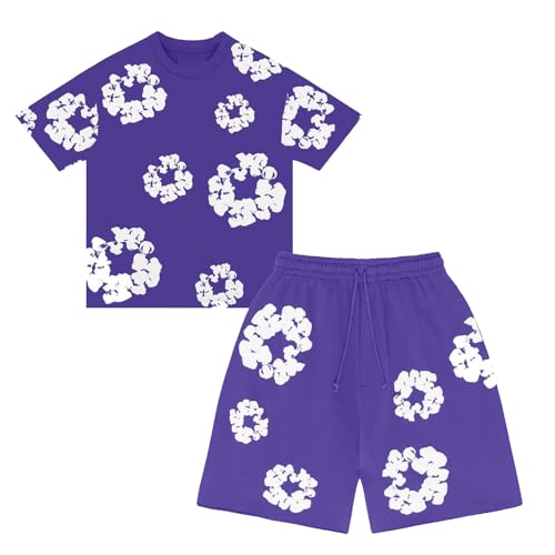 Generisch Sportanzug Kinder Jungen Kurz Set Mit Blumen, Jungen Dt T-Shirt Und Shorts Set 49 Teiliges Sommer, Trainingsanzug Unisex Zweiteiler Mädchen Herbst Sportanzug Baumwolle Denim T Jogginganzug