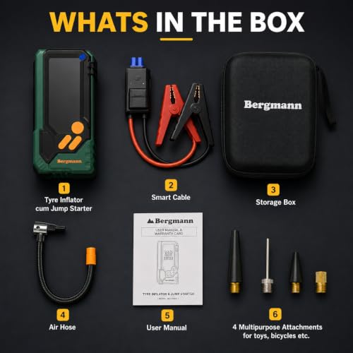 Image of Bergmann Stallion Heavy-Duty Cordless Tyre Inflator + Smart Jump Starter | 10000mAH Li-Ion Battery | LED Light | Type-C Port | for Cars, Bikes, Toys & Bicycles | Dark Green